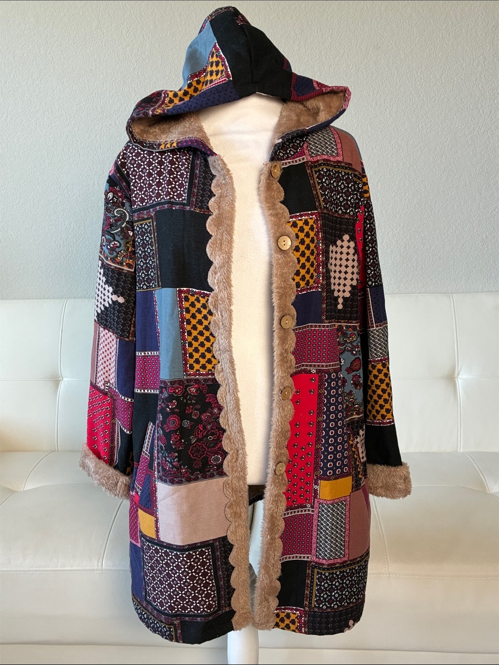 Patchwork Print Hooded Coat with Faux Fur Interior & Trim - Multicolor